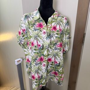 Tommy Bahama 100% Linen Button Down Floral Hawaiian Hibiscus Print Blouse Summer